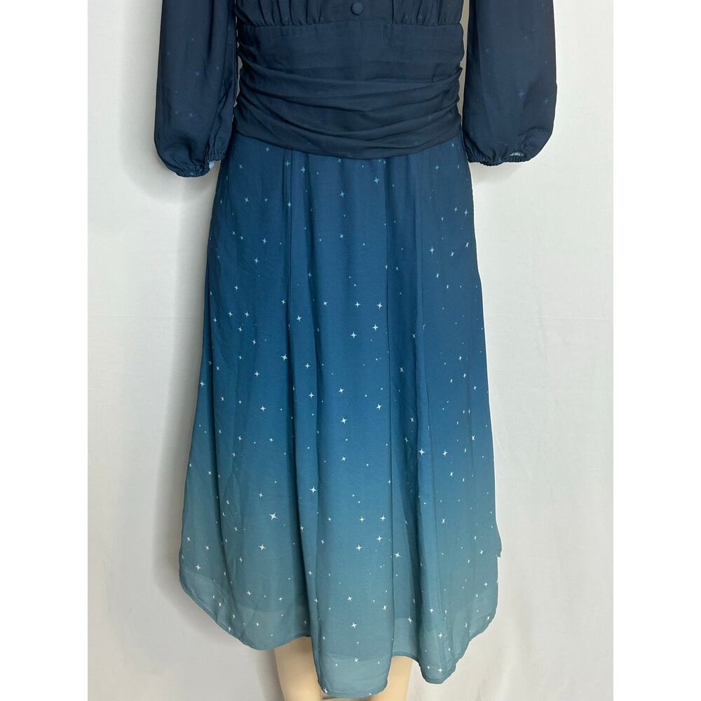 Maxi Dress Star Print Ombre Blue Boho Empire Waist Sheer Sleeve Medium